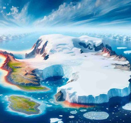 Realistic high definition depiction of the significant changes in Antarctica's climate over time. The image should vividly show the formerly pristine, white ice cap being gradually replaced by meltwater lakes and barren land. Possibly, show an increase in native vegetation growth due to global warming. It should include the gradually retreating ice shelves, increased open water indicating sea ice loss, and a bluer sky representing a warmer climate.