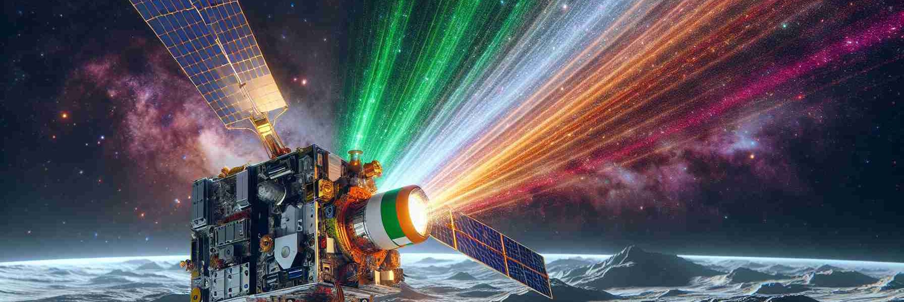 Generate a hyper-realistic, high-definition image that symbolizes a groundbreaking achievement in the field of astronomy. The scene should showcase a detailed model of Ireland's first satellite set against a backdrop of deep space. The satellite, equipped with advanced technology, is detecting high-energy gamma-ray events. The gamma-rays could be visualized as vibrant, multicolored beams of light radiating from distant cosmic bodies. The satellite itself is a testament to technological progress representing the colors of the Irish flag: green, white, and orange.