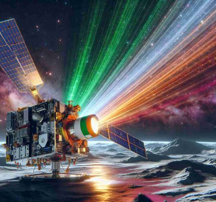 Generate a hyper-realistic, high-definition image that symbolizes a groundbreaking achievement in the field of astronomy. The scene should showcase a detailed model of Ireland's first satellite set against a backdrop of deep space. The satellite, equipped with advanced technology, is detecting high-energy gamma-ray events. The gamma-rays could be visualized as vibrant, multicolored beams of light radiating from distant cosmic bodies. The satellite itself is a testament to technological progress representing the colors of the Irish flag: green, white, and orange.