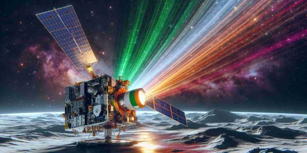 Generate a hyper-realistic, high-definition image that symbolizes a groundbreaking achievement in the field of astronomy. The scene should showcase a detailed model of Ireland's first satellite set against a backdrop of deep space. The satellite, equipped with advanced technology, is detecting high-energy gamma-ray events. The gamma-rays could be visualized as vibrant, multicolored beams of light radiating from distant cosmic bodies. The satellite itself is a testament to technological progress representing the colors of the Irish flag: green, white, and orange.