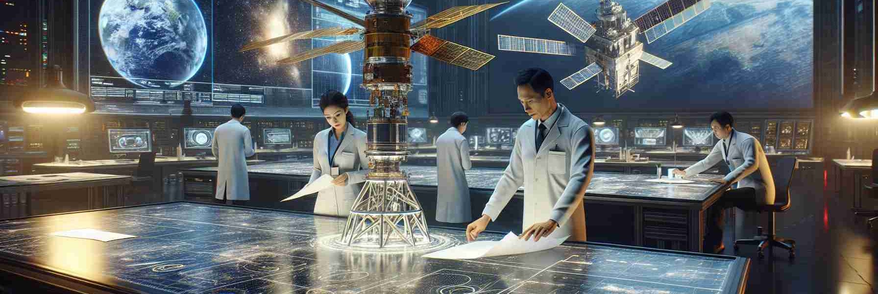 A realistic high definition image depicting an in-depth exploration and partnership between Egypt and a Korean Aerospace company. The scene centers on a large room filled with state-of-the-art, high-tech satellite equipment. The personnel in the scene are evenly diversified, including an Egyptian woman wearing a lab coat, examining a titanium satellite model, and a Korean man, also in a lab coat, discussing blueprints spread across a backlit table. In the background, large monitor screens display complex data and dynamic simulations of satellite orbits.