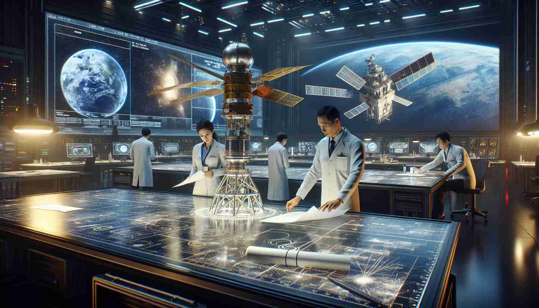 A realistic high definition image depicting an in-depth exploration and partnership between Egypt and a Korean Aerospace company. The scene centers on a large room filled with state-of-the-art, high-tech satellite equipment. The personnel in the scene are evenly diversified, including an Egyptian woman wearing a lab coat, examining a titanium satellite model, and a Korean man, also in a lab coat, discussing blueprints spread across a backlit table. In the background, large monitor screens display complex data and dynamic simulations of satellite orbits.