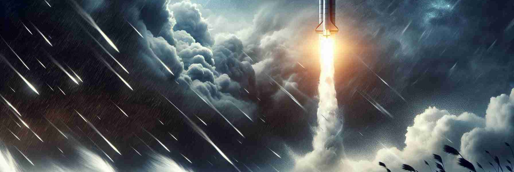 Generate a high-definition, realistic picture depicting a space rocket getting successfully launched. The weather conditions are challenging and against the launch, illustrated by howling winds, dark ominous clouds, and pouring rain. Yet, against all odds, the rocket surges upwards, cutting through the weather, symbolizing the triumph of human innovation and determination over natural adversities.