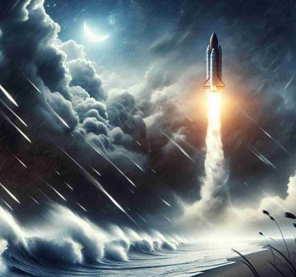 Generate a high-definition, realistic picture depicting a space rocket getting successfully launched. The weather conditions are challenging and against the launch, illustrated by howling winds, dark ominous clouds, and pouring rain. Yet, against all odds, the rocket surges upwards, cutting through the weather, symbolizing the triumph of human innovation and determination over natural adversities.