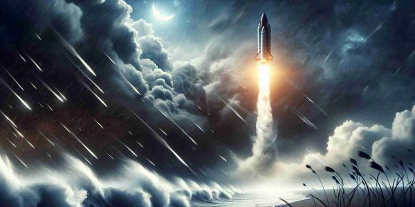 Generate a high-definition, realistic picture depicting a space rocket getting successfully launched. The weather conditions are challenging and against the launch, illustrated by howling winds, dark ominous clouds, and pouring rain. Yet, against all odds, the rocket surges upwards, cutting through the weather, symbolizing the triumph of human innovation and determination over natural adversities.