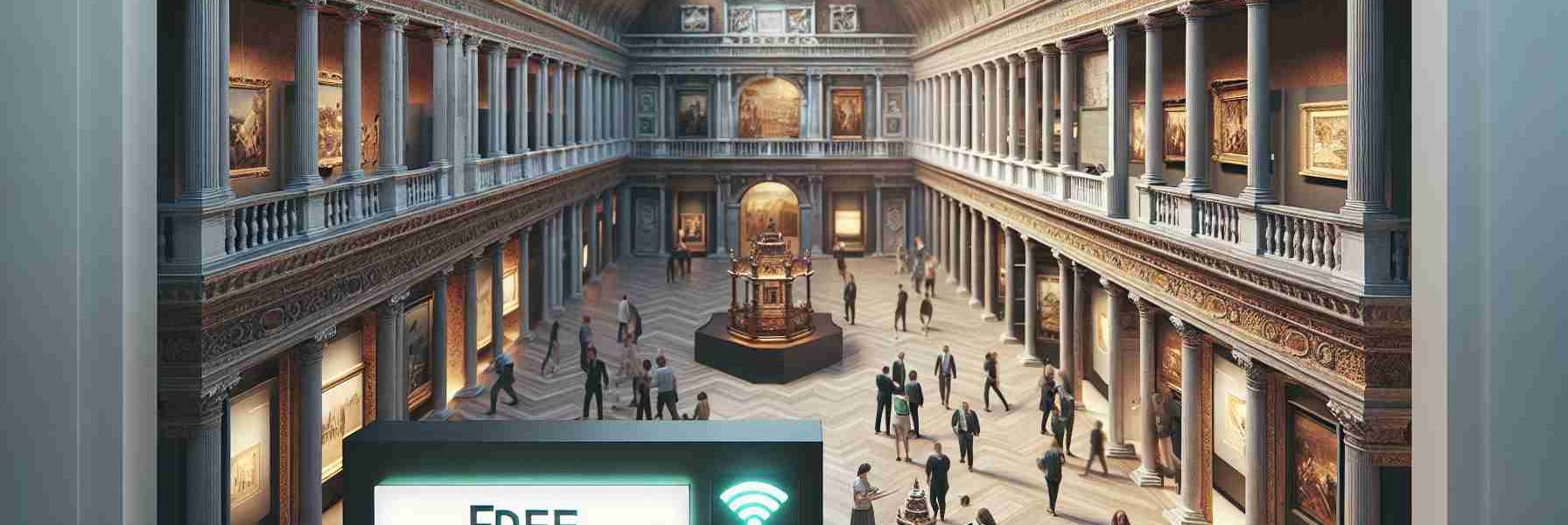 An exquisite, high-definition image of the historic Venice Museum. The grand architecture of the museum exudes an ancient charm while in the foreground, modern elements seamlessly blend into the scene. Cue: people browsing exhibits on smartphones and tablets, illustrating the implementation of free Wi-Fi connectivity within the museum. A digital sign announcing 'Free Wi-Fi' also hangs elegantly, subtly reminding visitors of this contemporary amenity. The overall setting manifests a harmonious union of rich historical heritage and modern digital convenience.