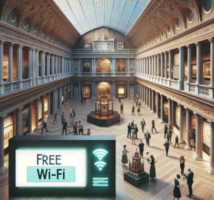 An exquisite, high-definition image of the historic Venice Museum. The grand architecture of the museum exudes an ancient charm while in the foreground, modern elements seamlessly blend into the scene. Cue: people browsing exhibits on smartphones and tablets, illustrating the implementation of free Wi-Fi connectivity within the museum. A digital sign announcing 'Free Wi-Fi' also hangs elegantly, subtly reminding visitors of this contemporary amenity. The overall setting manifests a harmonious union of rich historical heritage and modern digital convenience.