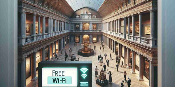 An exquisite, high-definition image of the historic Venice Museum. The grand architecture of the museum exudes an ancient charm while in the foreground, modern elements seamlessly blend into the scene. Cue: people browsing exhibits on smartphones and tablets, illustrating the implementation of free Wi-Fi connectivity within the museum. A digital sign announcing 'Free Wi-Fi' also hangs elegantly, subtly reminding visitors of this contemporary amenity. The overall setting manifests a harmonious union of rich historical heritage and modern digital convenience.