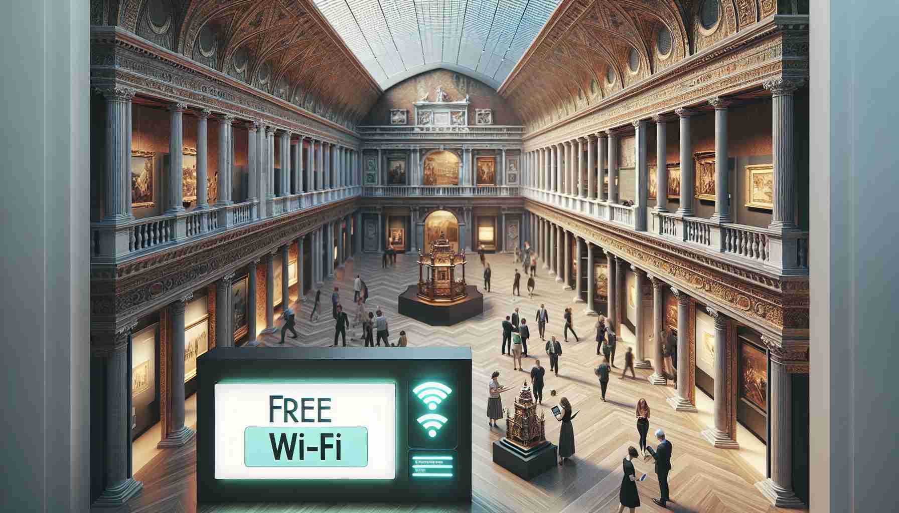 An exquisite, high-definition image of the historic Venice Museum. The grand architecture of the museum exudes an ancient charm while in the foreground, modern elements seamlessly blend into the scene. Cue: people browsing exhibits on smartphones and tablets, illustrating the implementation of free Wi-Fi connectivity within the museum. A digital sign announcing 'Free Wi-Fi' also hangs elegantly, subtly reminding visitors of this contemporary amenity. The overall setting manifests a harmonious union of rich historical heritage and modern digital convenience.