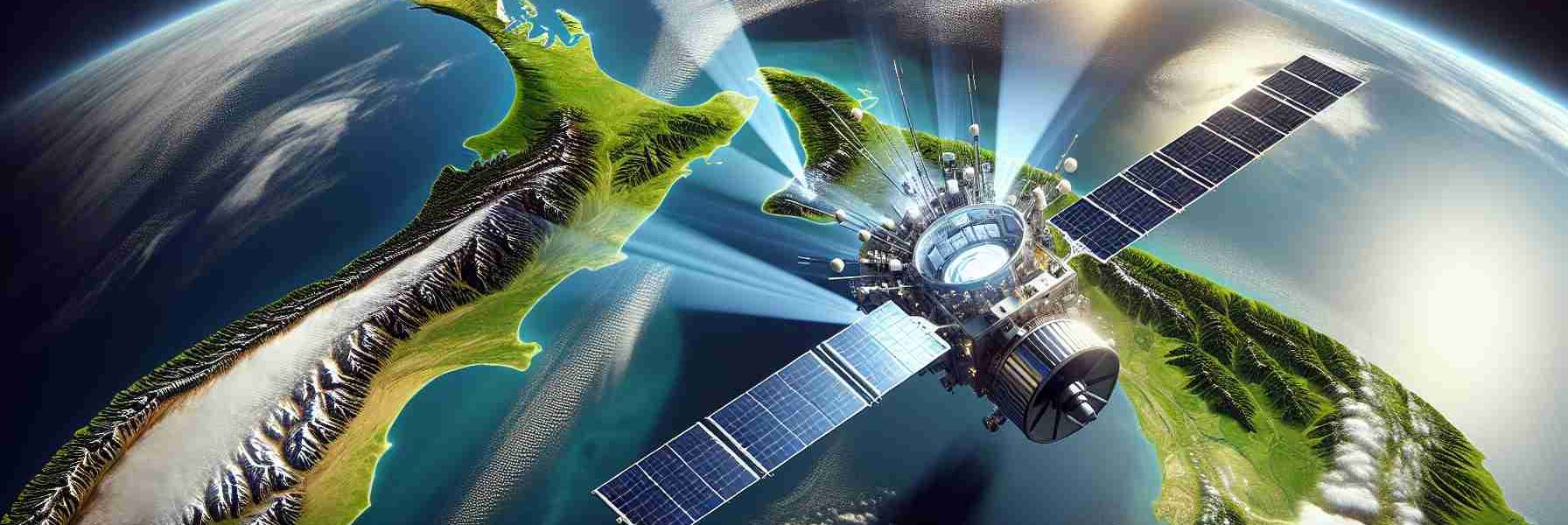 A high-definition, realistic image of a new advanced satellite hovering over the Earth with highlighted beams focusing on the lush, green islands of New Zealand, symbolizing the promise of enhanced mobile coverage in the region. The satellite possesses state-of-the-art technology, filled with antennas and solar panels. The Earth's surface should reflect the realistic geography of New Zealand, with its rugged mountains, sprawling green fields, and blue waters.