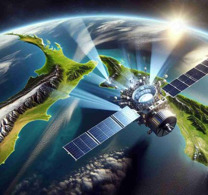 A high-definition, realistic image of a new advanced satellite hovering over the Earth with highlighted beams focusing on the lush, green islands of New Zealand, symbolizing the promise of enhanced mobile coverage in the region. The satellite possesses state-of-the-art technology, filled with antennas and solar panels. The Earth's surface should reflect the realistic geography of New Zealand, with its rugged mountains, sprawling green fields, and blue waters.