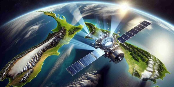 A high-definition, realistic image of a new advanced satellite hovering over the Earth with highlighted beams focusing on the lush, green islands of New Zealand, symbolizing the promise of enhanced mobile coverage in the region. The satellite possesses state-of-the-art technology, filled with antennas and solar panels. The Earth's surface should reflect the realistic geography of New Zealand, with its rugged mountains, sprawling green fields, and blue waters.