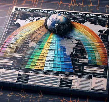 A high definition image displaying a provisional spectrum allocation for satellite communication initiatives. This includes frequency ranges listed in an organized chart with color-coding for specific bandwidths and their allocated uses, presented in a clear, well detailed manner. Indications for specific satellite applications and services such as TV broadcasting, navigation systems, weather monitoring, and internet connectivity should be visible. Supporting notes regarding guidelines and regulatory mandates could adorn the margins.