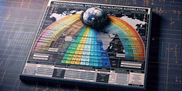 A high definition image displaying a provisional spectrum allocation for satellite communication initiatives. This includes frequency ranges listed in an organized chart with color-coding for specific bandwidths and their allocated uses, presented in a clear, well detailed manner. Indications for specific satellite applications and services such as TV broadcasting, navigation systems, weather monitoring, and internet connectivity should be visible. Supporting notes regarding guidelines and regulatory mandates could adorn the margins.