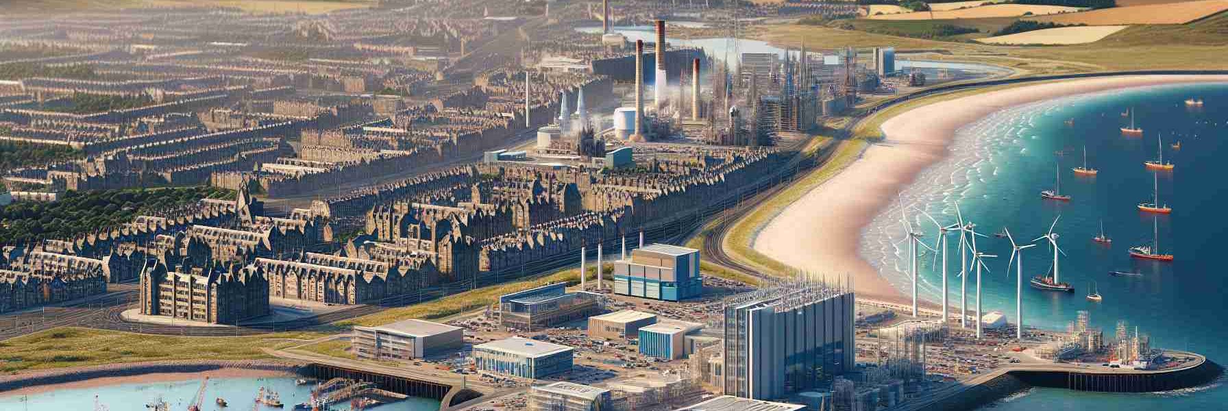 High-definition, hyper-realistic image of a possible GB Energy satellite site location in the coastal area of Leith. The scene should capture the amalgamation of urban development and natural landscape, with establishments characteristic of energy companies interspersed amidst the scenic seaside view. Pay particular attention to elements that might hint at its potential use as a satellite location, such as open spaces, power infrastructures, or ideally suited terrains.