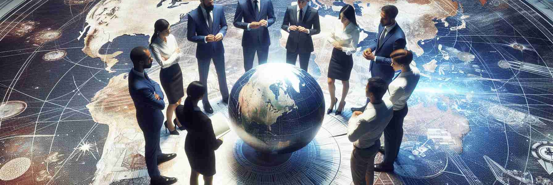 Generate a detailed and high-definition image showing representatives from different global space agencies meeting together. The scene should convey a sense of rivalry; subtly reflected through their body language and environment, hinting at their competitive spirit, yet without any explicit confrontations. The backdrop may include elements reflecting their respective space programs. The representatives might be standing around a globe or space map, intensely discussing and planning. They could be of various genders and represent descents like Caucasian, Asian, Hispanic, Black, and Middle-Eastern to showcase diversity.