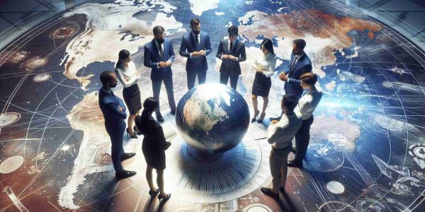 Generate a detailed and high-definition image showing representatives from different global space agencies meeting together. The scene should convey a sense of rivalry; subtly reflected through their body language and environment, hinting at their competitive spirit, yet without any explicit confrontations. The backdrop may include elements reflecting their respective space programs. The representatives might be standing around a globe or space map, intensely discussing and planning. They could be of various genders and represent descents like Caucasian, Asian, Hispanic, Black, and Middle-Eastern to showcase diversity.