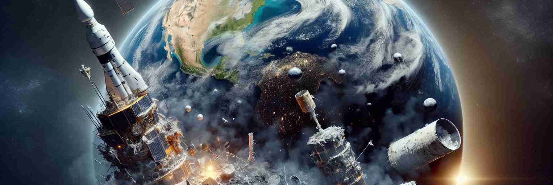 An ultra-high-definition artistic representation displaying the impact of space activities on the Earth's environment. Scene showcases multiple satellites in orbit, discarded rocket stages, and space debris cluttering the low Earth orbit. Earth's atmosphere and surface are also visible from a distance with noticeable negative environmental effects such as melting glaciers, land deforestation, increased desertification, and rising sea levels. There is a pall of dark smoke covering some regions indicative of pollution. The image composition attempts to portray the urgent need for sustainable space and terrestrial environmental practices.