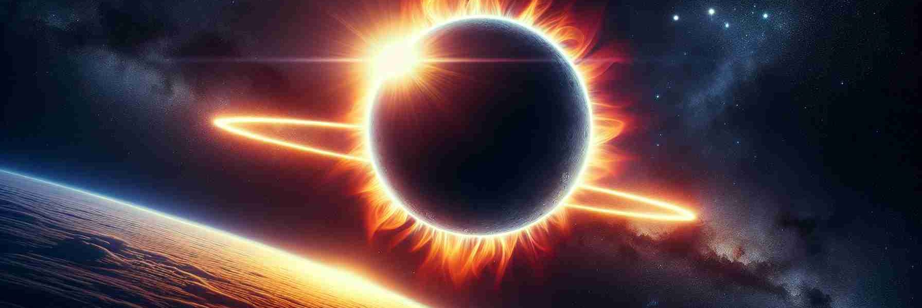 Realistic high-definition image showcasing a 'Ring of Fire' Solar Eclipse. The eclipse takes center stage, as the Moon passes between the Earth and Sun. On the periphery of the moon, the Sun's fiery light appears as a brilliant ring, creating the 'Ring of Fire' effect. Deep space filled with stars serves as the backdrop while the Earth's atmosphere in the foreground gives a sense of perspective.