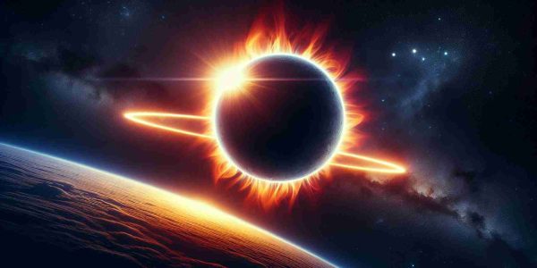 Realistic high-definition image showcasing a 'Ring of Fire' Solar Eclipse. The eclipse takes center stage, as the Moon passes between the Earth and Sun. On the periphery of the moon, the Sun's fiery light appears as a brilliant ring, creating the 'Ring of Fire' effect. Deep space filled with stars serves as the backdrop while the Earth's atmosphere in the foreground gives a sense of perspective.