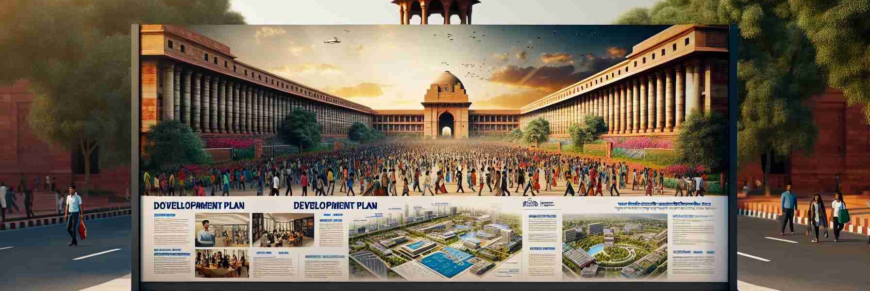 A realistic, high-definition image of the Delhi University's grand architectural entrance. Displayed prominently is a detailed board outlining a comprehensive development plan for the year 2024. The board lists various visionary initiatives and projects aimed at transforming the campus into a modern and advanced institution of learning. The backdrop displays the bustling vibes of the campus, with students of diverse genders and descents hurrying on their way to classes. The university's iconic building stands majestically in the background, with the bright Delhi sky adding grandeur to the scenery.