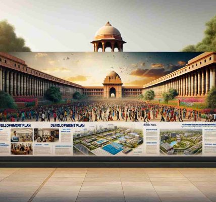 A realistic, high-definition image of the Delhi University's grand architectural entrance. Displayed prominently is a detailed board outlining a comprehensive development plan for the year 2024. The board lists various visionary initiatives and projects aimed at transforming the campus into a modern and advanced institution of learning. The backdrop displays the bustling vibes of the campus, with students of diverse genders and descents hurrying on their way to classes. The university's iconic building stands majestically in the background, with the bright Delhi sky adding grandeur to the scenery.