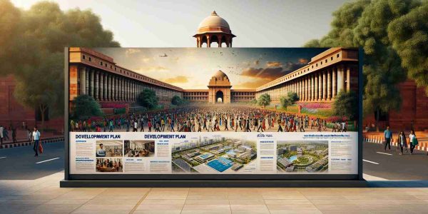 A realistic, high-definition image of the Delhi University's grand architectural entrance. Displayed prominently is a detailed board outlining a comprehensive development plan for the year 2024. The board lists various visionary initiatives and projects aimed at transforming the campus into a modern and advanced institution of learning. The backdrop displays the bustling vibes of the campus, with students of diverse genders and descents hurrying on their way to classes. The university's iconic building stands majestically in the background, with the bright Delhi sky adding grandeur to the scenery.