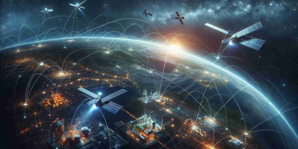 Illustrative conceptual image in realistic high definition style showing the opportunities in Satellite Internet of Thing (IoT) Connectivity. The image can include different satellites in the orbit, connected with lines representing their network connection. Visible on the Earth's surface could be various industries or facilities like a factory, hospital, school or a home, highlighting their connectedness via satellite. The deep, starry space serving as a backdrop, could enhance the feeling of endless opportunities.