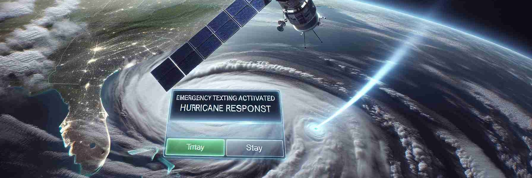 A detailed, realistic, high-definition illustration of an emergency satellite texting system being activated in response to a hurricane in Florida. The image should feature a satellite in outer space, angling toward Florida on a digital map of the earth. On the screen, a clear notification indicating 'Emergency Texting Activated: Hurricane Response' can be seen. The sky over Florida on the map should be filled with swirling clouds representing the hurricane, colored in menacing shades of gray and blue.