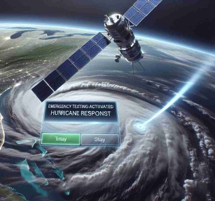 A detailed, realistic, high-definition illustration of an emergency satellite texting system being activated in response to a hurricane in Florida. The image should feature a satellite in outer space, angling toward Florida on a digital map of the earth. On the screen, a clear notification indicating 'Emergency Texting Activated: Hurricane Response' can be seen. The sky over Florida on the map should be filled with swirling clouds representing the hurricane, colored in menacing shades of gray and blue.