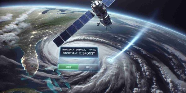 A detailed, realistic, high-definition illustration of an emergency satellite texting system being activated in response to a hurricane in Florida. The image should feature a satellite in outer space, angling toward Florida on a digital map of the earth. On the screen, a clear notification indicating 'Emergency Texting Activated: Hurricane Response' can be seen. The sky over Florida on the map should be filled with swirling clouds representing the hurricane, colored in menacing shades of gray and blue.