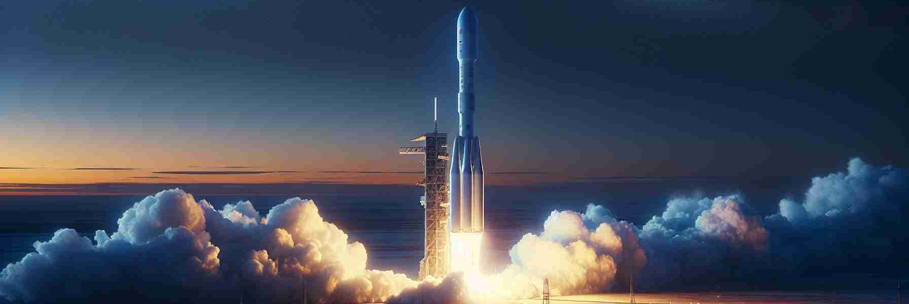 Create a realistic high-definition image showcasing a contemporary satellite launch event. The scene unfolds at dusk, with the vast expanse of a remote, flat landscape providing the backdrop. Dominating the foreground is a sleek, towering white rocket, wreathed in icy vapor, stretched taut against the burgeoning twilight. Hints of flame curl at its base, alluding to the impending propulsion. Projected onto the evening azure, digital information in Chinese characters materializes, indicating telemetry feeds. The atmosphere is charged with the tangible sense of technological progress and mankind's ceaseless push into the cosmic frontier.