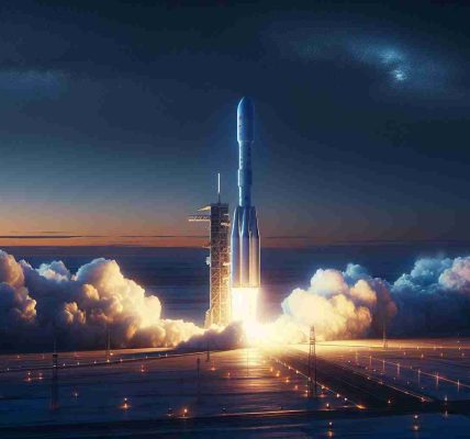 Create a realistic high-definition image showcasing a contemporary satellite launch event. The scene unfolds at dusk, with the vast expanse of a remote, flat landscape providing the backdrop. Dominating the foreground is a sleek, towering white rocket, wreathed in icy vapor, stretched taut against the burgeoning twilight. Hints of flame curl at its base, alluding to the impending propulsion. Projected onto the evening azure, digital information in Chinese characters materializes, indicating telemetry feeds. The atmosphere is charged with the tangible sense of technological progress and mankind's ceaseless push into the cosmic frontier.