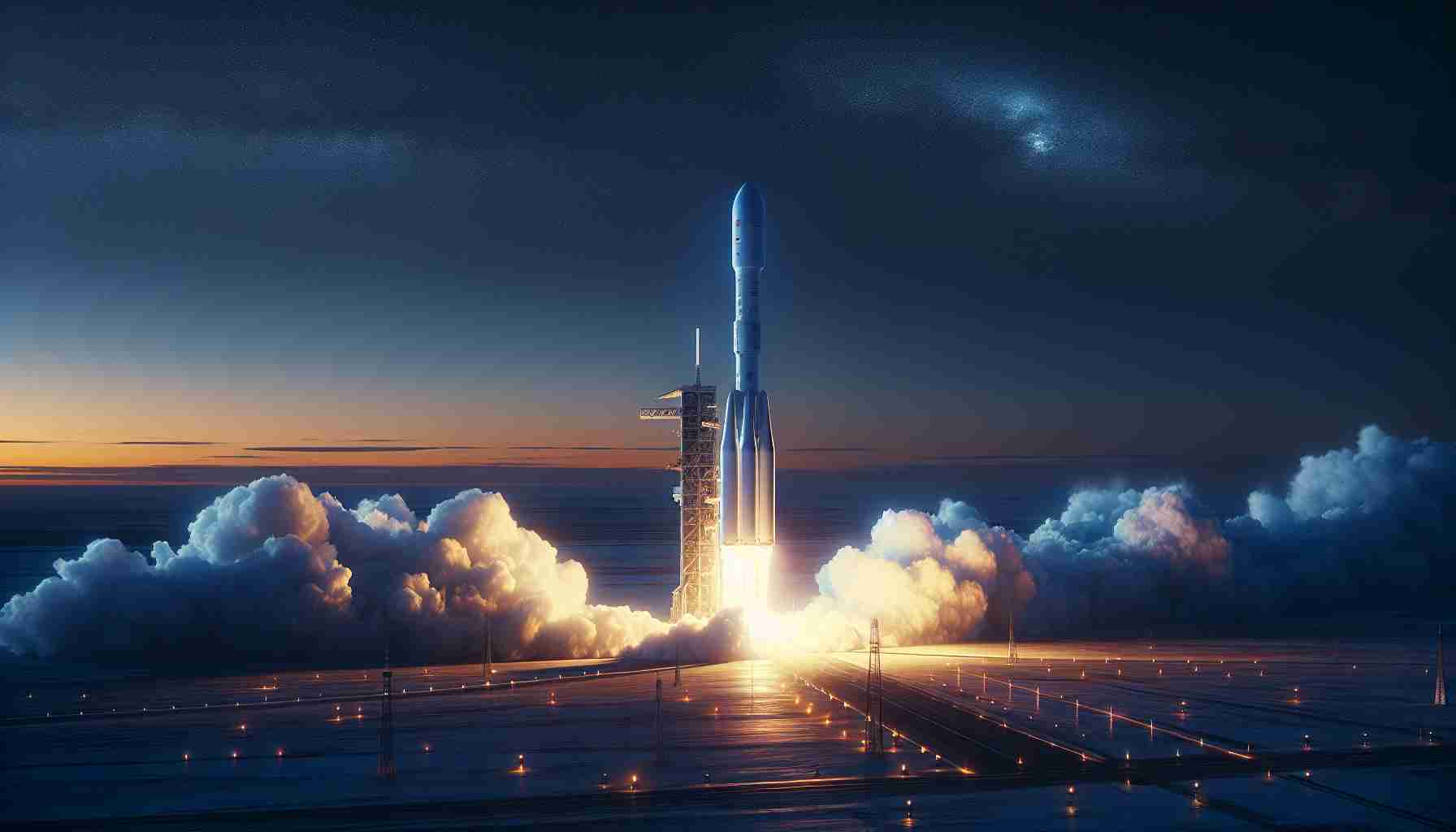 Create a realistic high-definition image showcasing a contemporary satellite launch event. The scene unfolds at dusk, with the vast expanse of a remote, flat landscape providing the backdrop. Dominating the foreground is a sleek, towering white rocket, wreathed in icy vapor, stretched taut against the burgeoning twilight. Hints of flame curl at its base, alluding to the impending propulsion. Projected onto the evening azure, digital information in Chinese characters materializes, indicating telemetry feeds. The atmosphere is charged with the tangible sense of technological progress and mankind's ceaseless push into the cosmic frontier.