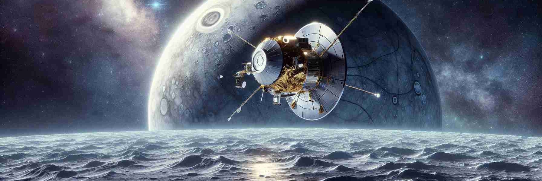 An HD realistic image that portrays NASA's innovative mission which is focused on exploring the depths of Europa. The image showcases a spacecraft floating in space against the backdrop of the icy surface of Jupiter's moon, Europa. Touches of sunlight are reflecting off the spacecraft and the moon. The vast expanse of space dotted with distant stars is visible surrounding the scene. Meanwhile, the spacecraft is equipped with scientific instruments for studying the potentially habitable ocean lying beneath Europa's icy crust.