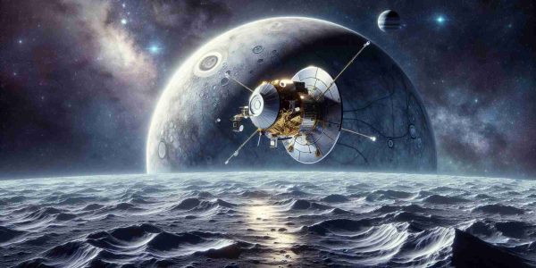 An HD realistic image that portrays NASA's innovative mission which is focused on exploring the depths of Europa. The image showcases a spacecraft floating in space against the backdrop of the icy surface of Jupiter's moon, Europa. Touches of sunlight are reflecting off the spacecraft and the moon. The vast expanse of space dotted with distant stars is visible surrounding the scene. Meanwhile, the spacecraft is equipped with scientific instruments for studying the potentially habitable ocean lying beneath Europa's icy crust.