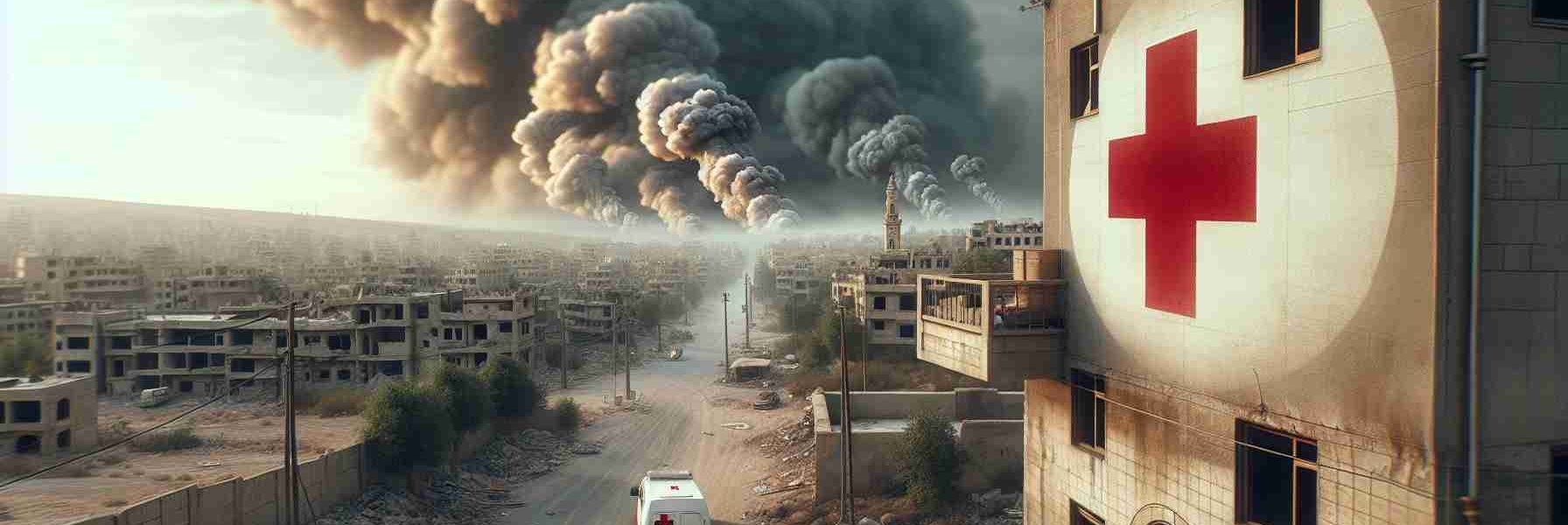 A realistic high-definition image illustrating the scenario of potential danger in a region with conflict resembling the Middle-East. The area shows signs of destruction. A building that appears to be a hospital, with traditional red cross symbol emblems, is in the background. The sky above is heavy with smoke from nearby bombings seen far off in the distance, creating an atmosphere of imminent peril. Please maintain the sobriety and gravity of the situation in the depiction.