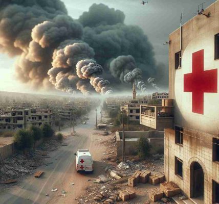 A realistic high-definition image illustrating the scenario of potential danger in a region with conflict resembling the Middle-East. The area shows signs of destruction. A building that appears to be a hospital, with traditional red cross symbol emblems, is in the background. The sky above is heavy with smoke from nearby bombings seen far off in the distance, creating an atmosphere of imminent peril. Please maintain the sobriety and gravity of the situation in the depiction.