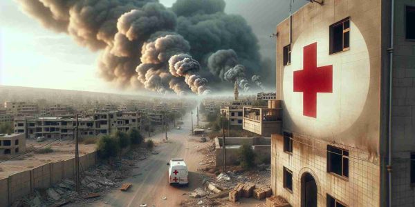 A realistic high-definition image illustrating the scenario of potential danger in a region with conflict resembling the Middle-East. The area shows signs of destruction. A building that appears to be a hospital, with traditional red cross symbol emblems, is in the background. The sky above is heavy with smoke from nearby bombings seen far off in the distance, creating an atmosphere of imminent peril. Please maintain the sobriety and gravity of the situation in the depiction.