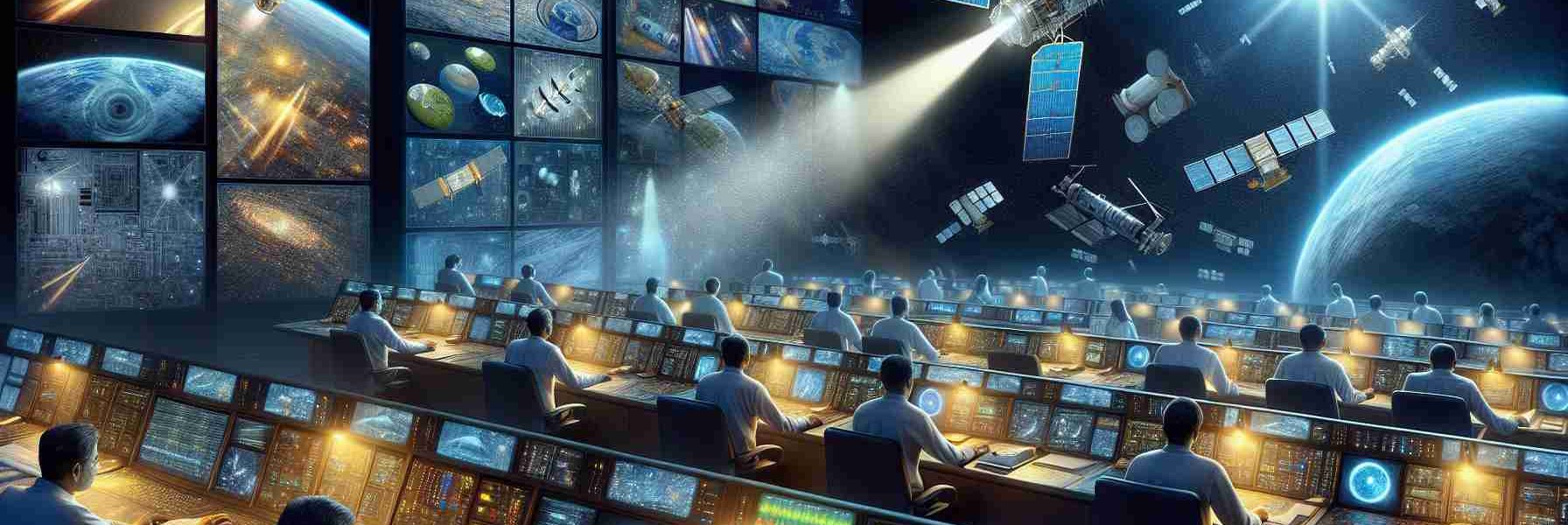 Realistically detailed artwork of India's progress in space surveillance technology, depicting elements such as advanced satellites, futuristic control rooms filled with cutting-edge technology, and images implying successful space missions. The scene emphasises progress and optimism, with a light gleaming from the screens illuminating researchers of various descents working diligently in the control room.