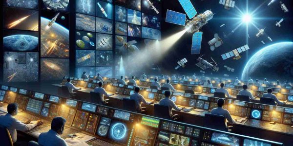 Realistically detailed artwork of India's progress in space surveillance technology, depicting elements such as advanced satellites, futuristic control rooms filled with cutting-edge technology, and images implying successful space missions. The scene emphasises progress and optimism, with a light gleaming from the screens illuminating researchers of various descents working diligently in the control room.