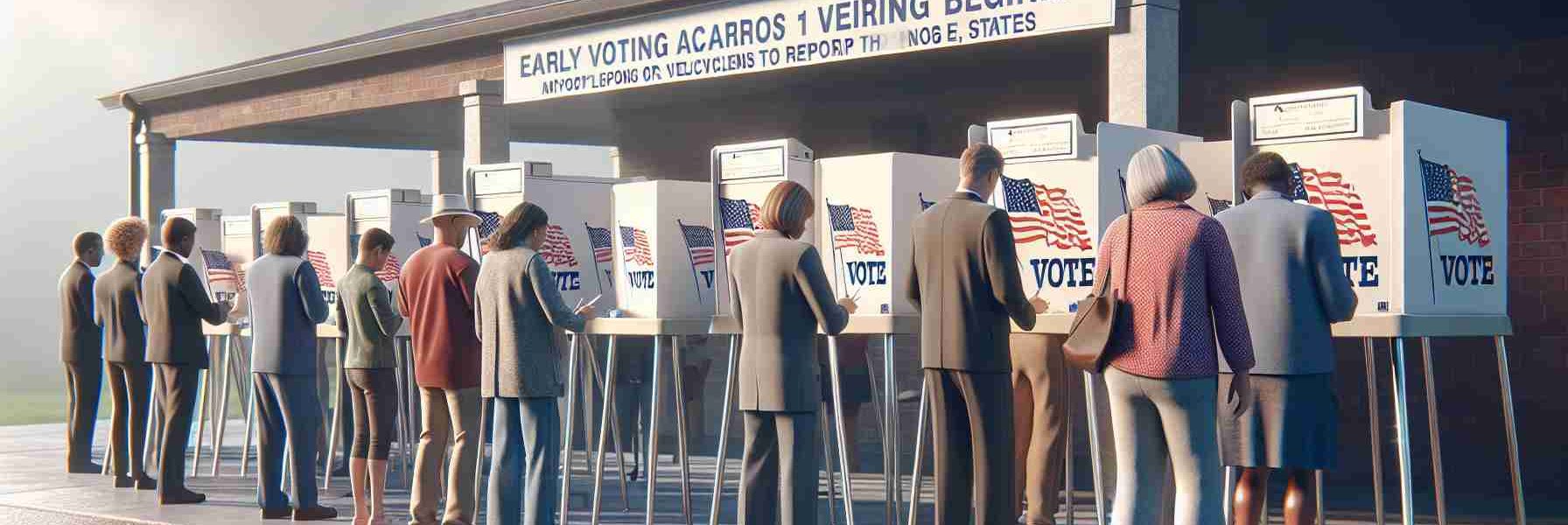 A realistic, high-definition image depicting the scene of early voting beginning across ten different states in preparation for the November elections. This scene may show voters of varying descents and genders, in lines outside voting booths, patiently waiting their turn, while volunteers or officials provide directions. A sense of anticipation and importance permeates the scene, reflecting the significance of participating in the democratic process. There could also be visible signages about voting rules, as well as symbols representing the democratic nature of the event. No specific politicians or public figures should be recognizable in the scene.