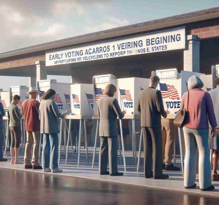 A realistic, high-definition image depicting the scene of early voting beginning across ten different states in preparation for the November elections. This scene may show voters of varying descents and genders, in lines outside voting booths, patiently waiting their turn, while volunteers or officials provide directions. A sense of anticipation and importance permeates the scene, reflecting the significance of participating in the democratic process. There could also be visible signages about voting rules, as well as symbols representing the democratic nature of the event. No specific politicians or public figures should be recognizable in the scene.