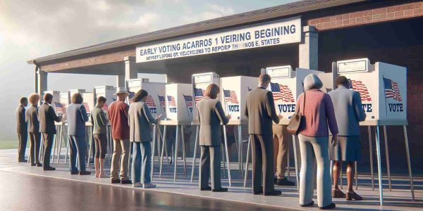 A realistic, high-definition image depicting the scene of early voting beginning across ten different states in preparation for the November elections. This scene may show voters of varying descents and genders, in lines outside voting booths, patiently waiting their turn, while volunteers or officials provide directions. A sense of anticipation and importance permeates the scene, reflecting the significance of participating in the democratic process. There could also be visible signages about voting rules, as well as symbols representing the democratic nature of the event. No specific politicians or public figures should be recognizable in the scene.