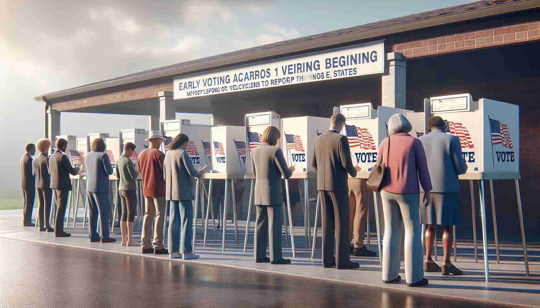 A realistic, high-definition image depicting the scene of early voting beginning across ten different states in preparation for the November elections. This scene may show voters of varying descents and genders, in lines outside voting booths, patiently waiting their turn, while volunteers or officials provide directions. A sense of anticipation and importance permeates the scene, reflecting the significance of participating in the democratic process. There could also be visible signages about voting rules, as well as symbols representing the democratic nature of the event. No specific politicians or public figures should be recognizable in the scene.