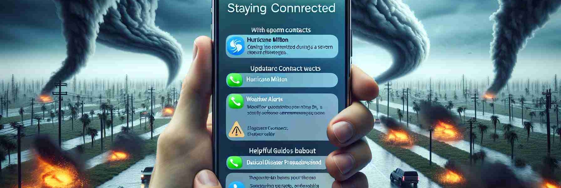 Generate a high-definition photo realistically depicting the concept of staying connected during a severe storm, such as Hurricane Milton, shown via the interface of a generic mobile operating system with advanced features akin to those of iOS 18. The image might display messages about updated storm paths, emergency contacts, weather alerts, helpful guides for disaster preparedness, and other communication tools specifically designed for such natural disaster scenarios.