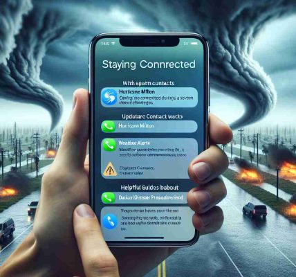 Generate a high-definition photo realistically depicting the concept of staying connected during a severe storm, such as Hurricane Milton, shown via the interface of a generic mobile operating system with advanced features akin to those of iOS 18. The image might display messages about updated storm paths, emergency contacts, weather alerts, helpful guides for disaster preparedness, and other communication tools specifically designed for such natural disaster scenarios.