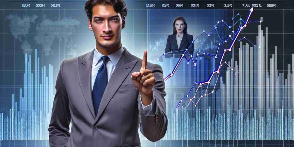 High-definition, realistic image of a generic businessman predicting the election victory of a female politician amidst changing voter dynamics. The businessman should have a confident look, wearing a suit, and pointing towards a background of fluctuating bar graphs and charts that represent the shift in voter behavior.