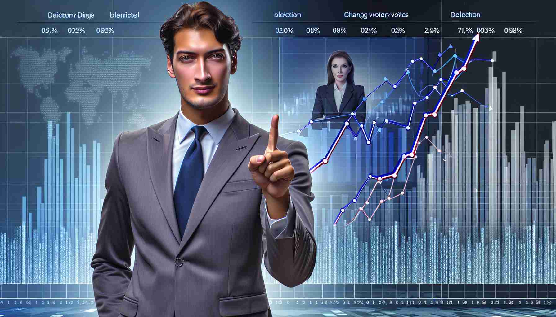 High-definition, realistic image of a generic businessman predicting the election victory of a female politician amidst changing voter dynamics. The businessman should have a confident look, wearing a suit, and pointing towards a background of fluctuating bar graphs and charts that represent the shift in voter behavior.