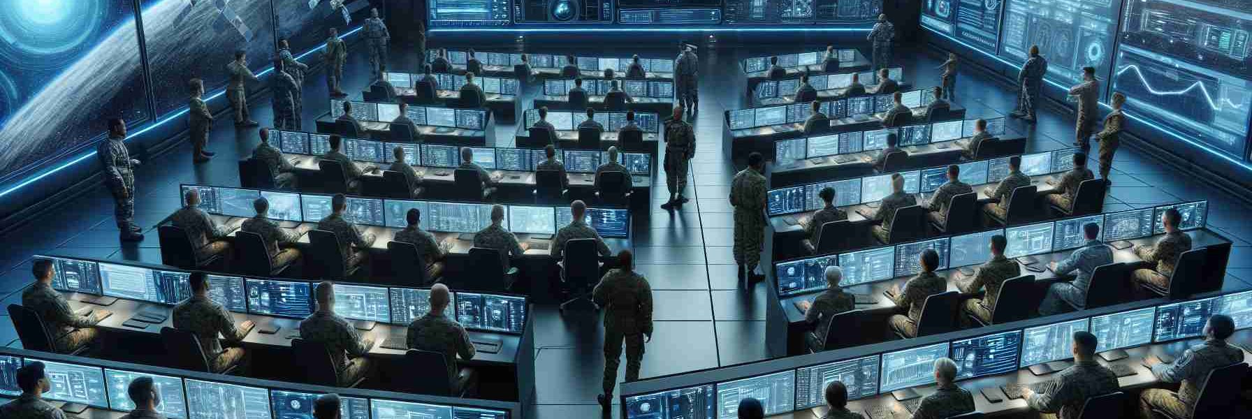 Generate a high-resolution realistic image showcasing a military space operations center, with crew members actively engaged in their roles related to cybersecurity. The image should have a futuristic theme with multiple computer screens showing softwares for intrusion detection, network security statuses, and satellite position tracking. The center should be populated by both male and female personnel from different descents such as Caucasian, Black, Hispanic, South Asian, and Middle-Eastern. Uniforms of the crew members should be precisely detailed, demonstrating the militaristic setting.